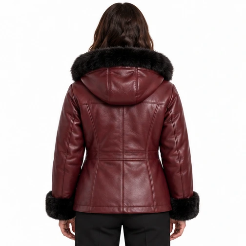 Women's Burgundy Hooded Faux-Fur Sheep Leather Jacket manufacturing detail 2