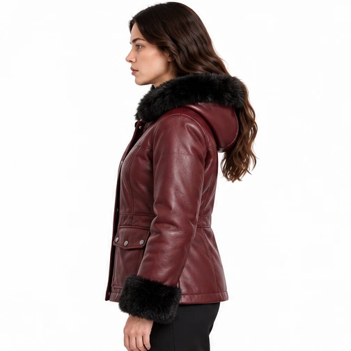 Women's Burgundy Hooded Faux-Fur Sheep Leather Jacket manufacturing detail 3