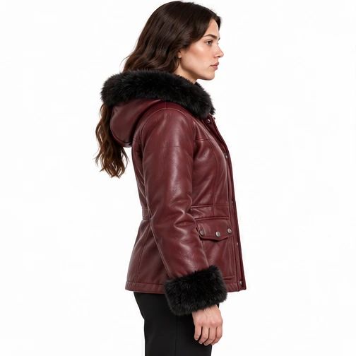 Women's Burgundy Hooded Faux-Fur Sheep Leather Jacket manufacturing detail 4