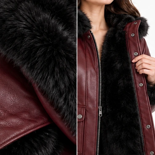 Women's Burgundy Hooded Faux-Fur Sheep Leather Jacket manufacturing detail 5