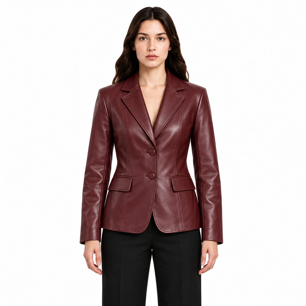 Women's Burgundy Lambskin Leather Blazer - Custom Leather Manufacturer Sialkot Pakistan