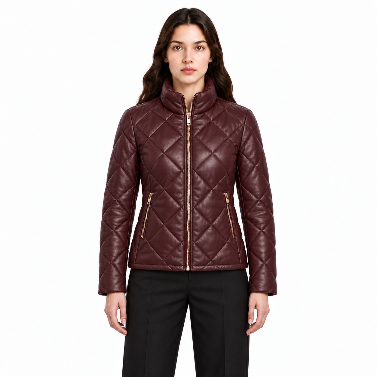 Women's Burgundy Sheep Leather Quilted Puffer Jacket