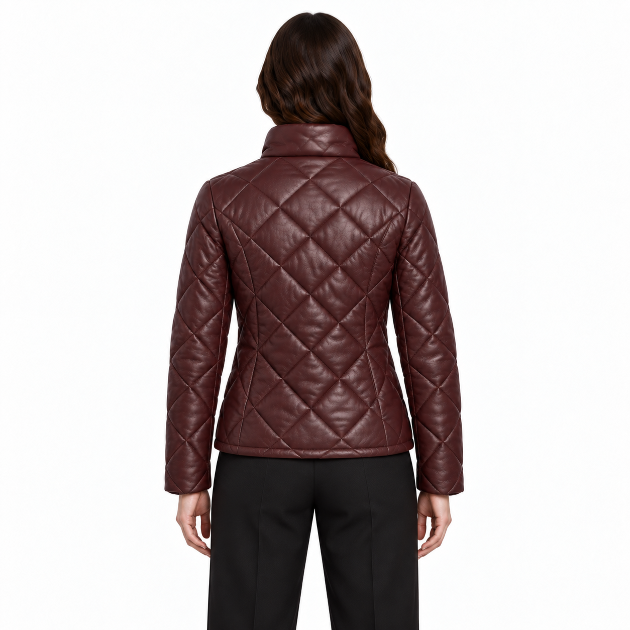 Women's Burgundy Sheep Leather Quilted Puffer Jacket manufacturing detail 2