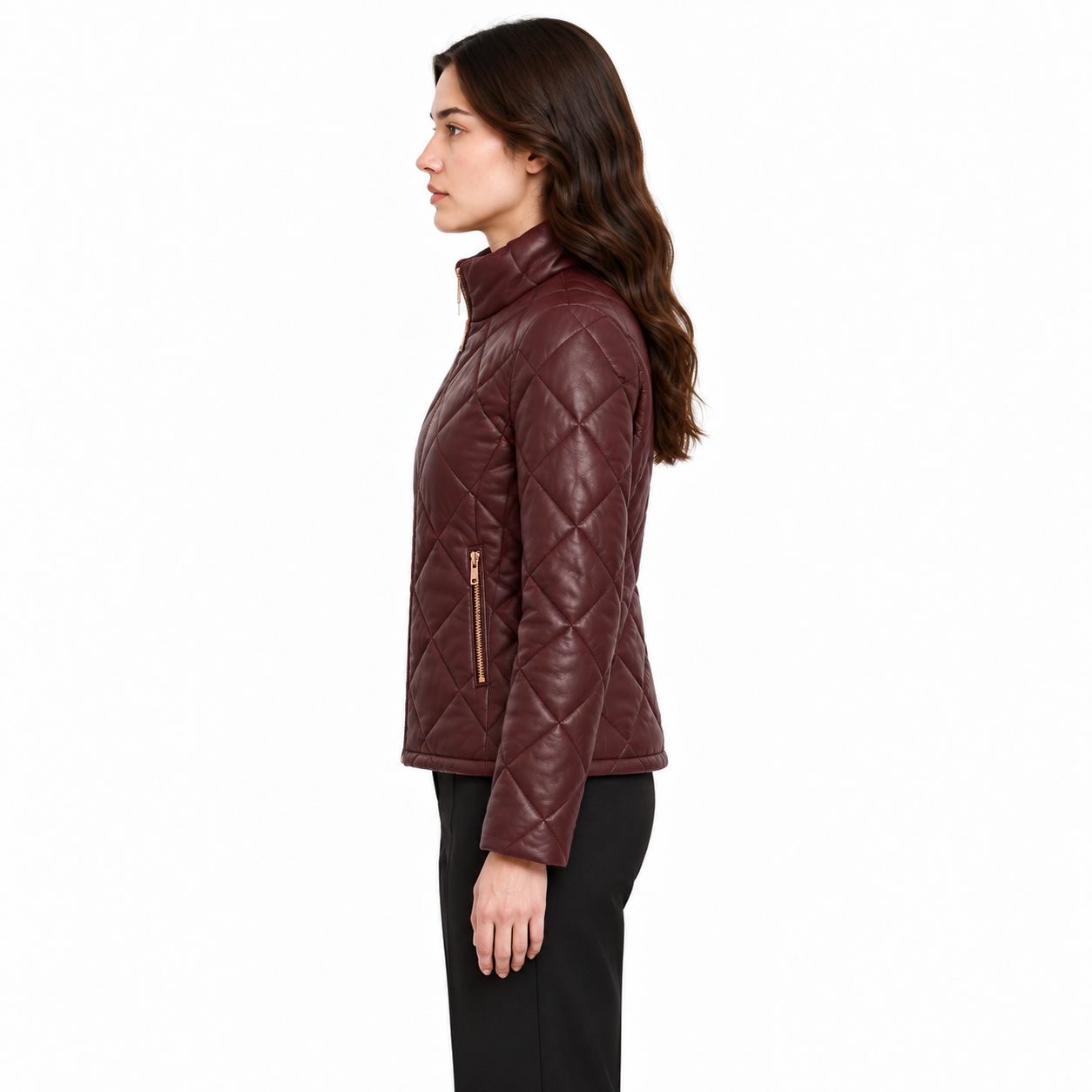 Women's Burgundy Sheep Leather Quilted Puffer Jacket manufacturing detail 3