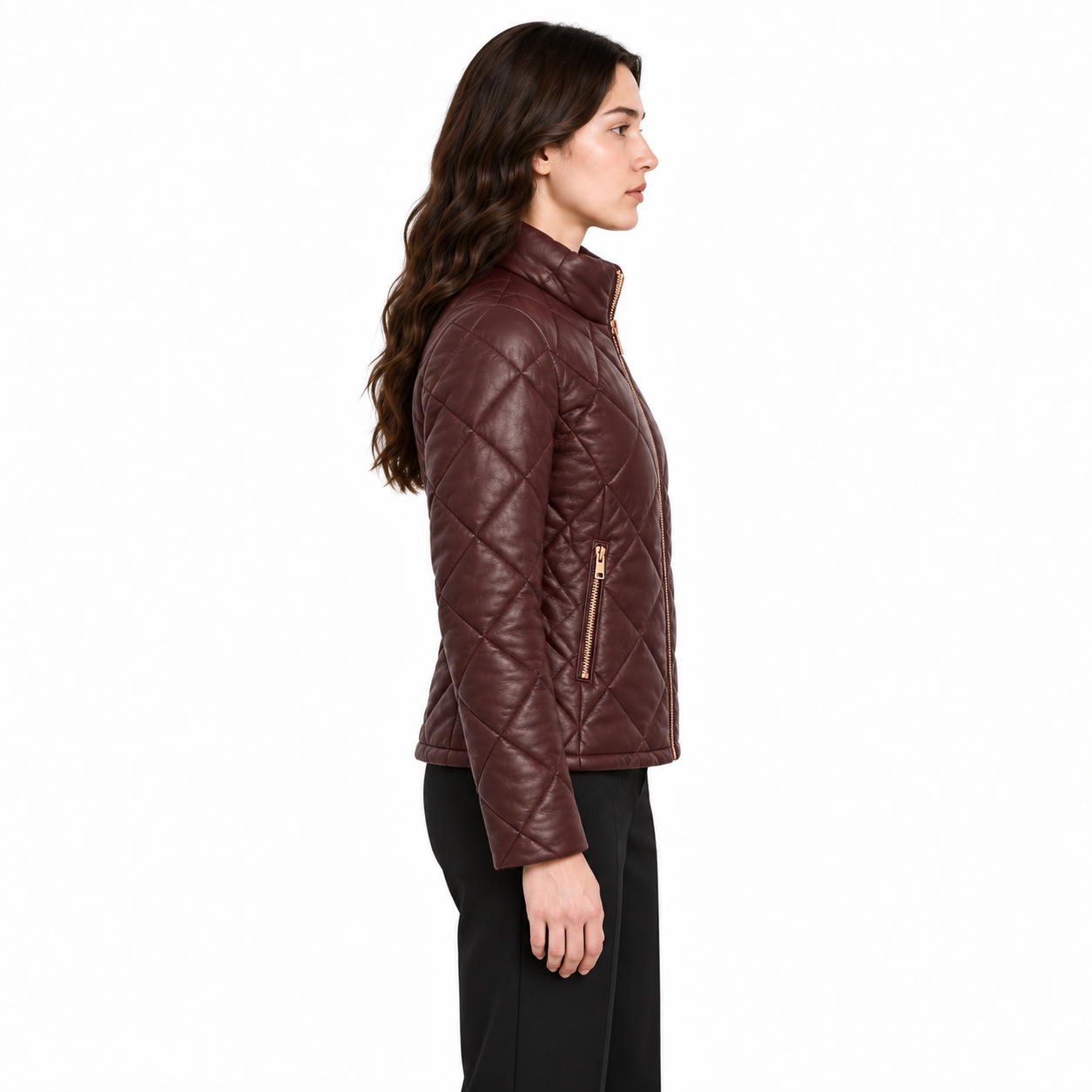 Women's Burgundy Sheep Leather Quilted Puffer Jacket manufacturing detail 4