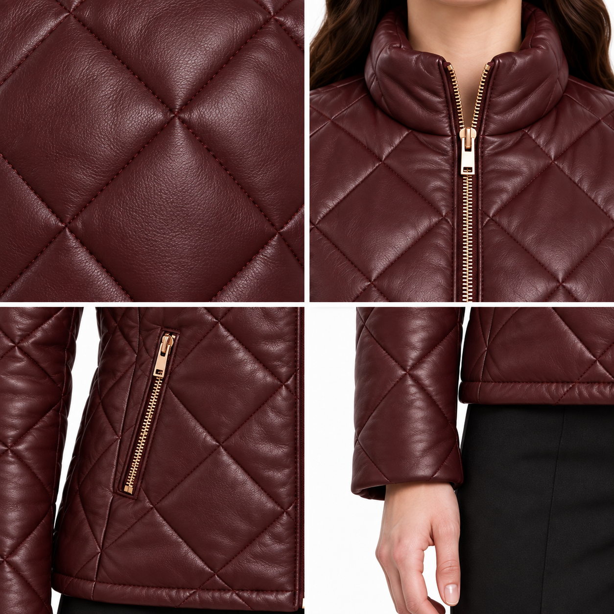 Women's Burgundy Sheep Leather Quilted Puffer Jacket manufacturing detail 5