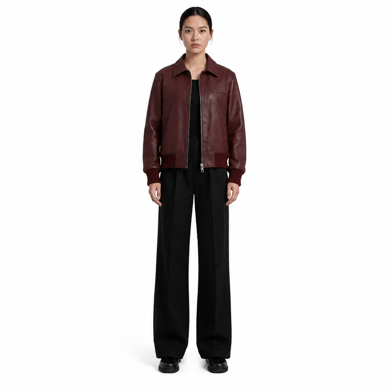 Women's Burgundy Sheep Nappa Leather Bomber Jacket - Custom Leather Manufacturer Sialkot Pakistan