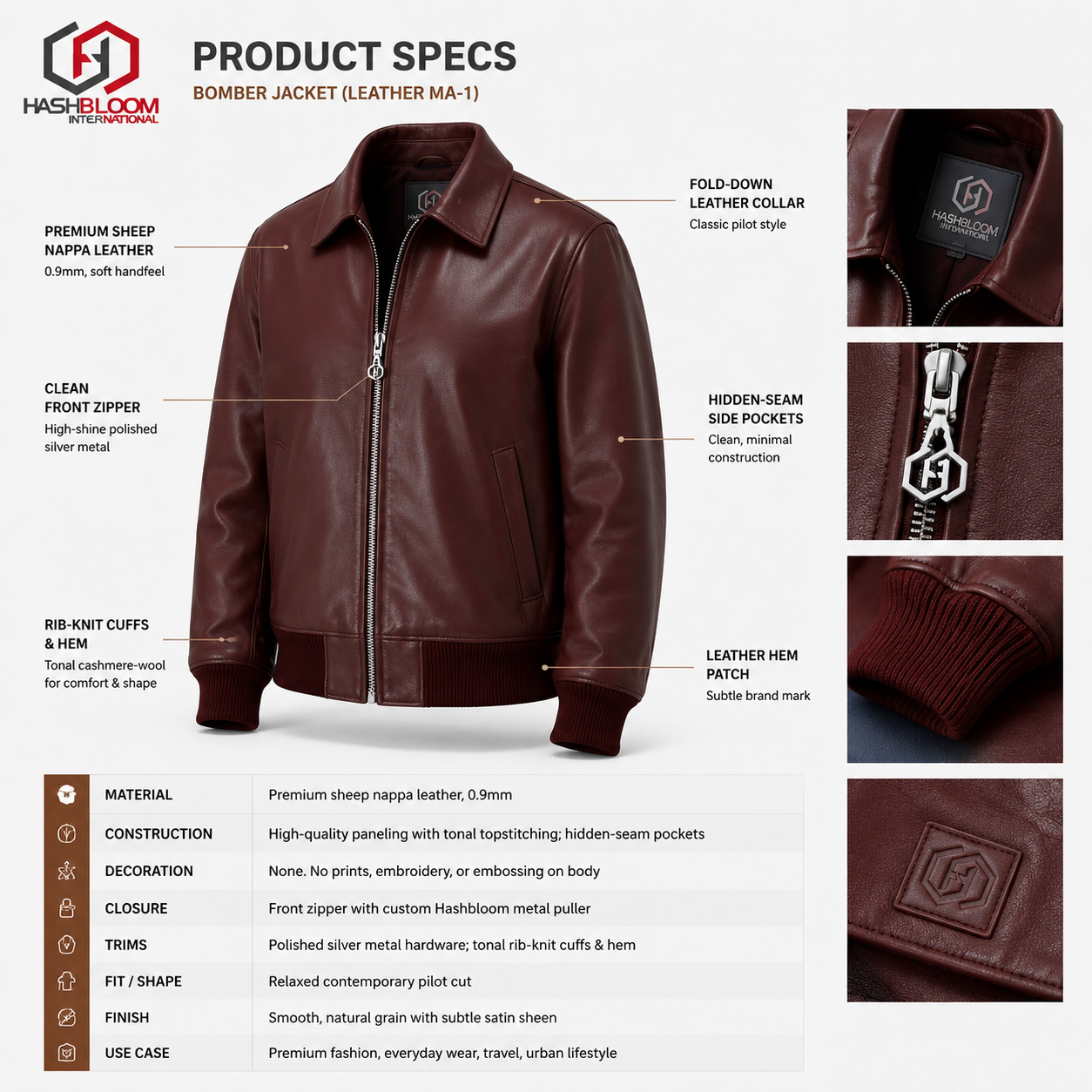 Women's Burgundy Sheep Nappa Leather Bomber Jacket manufacturing detail 5