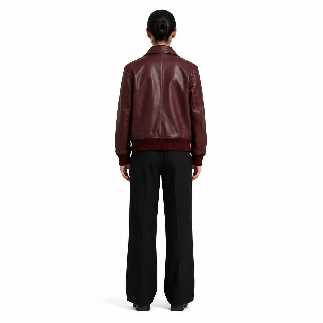 Women's Burgundy Sheep Nappa Leather Bomber Jacket manufacturing detail 2