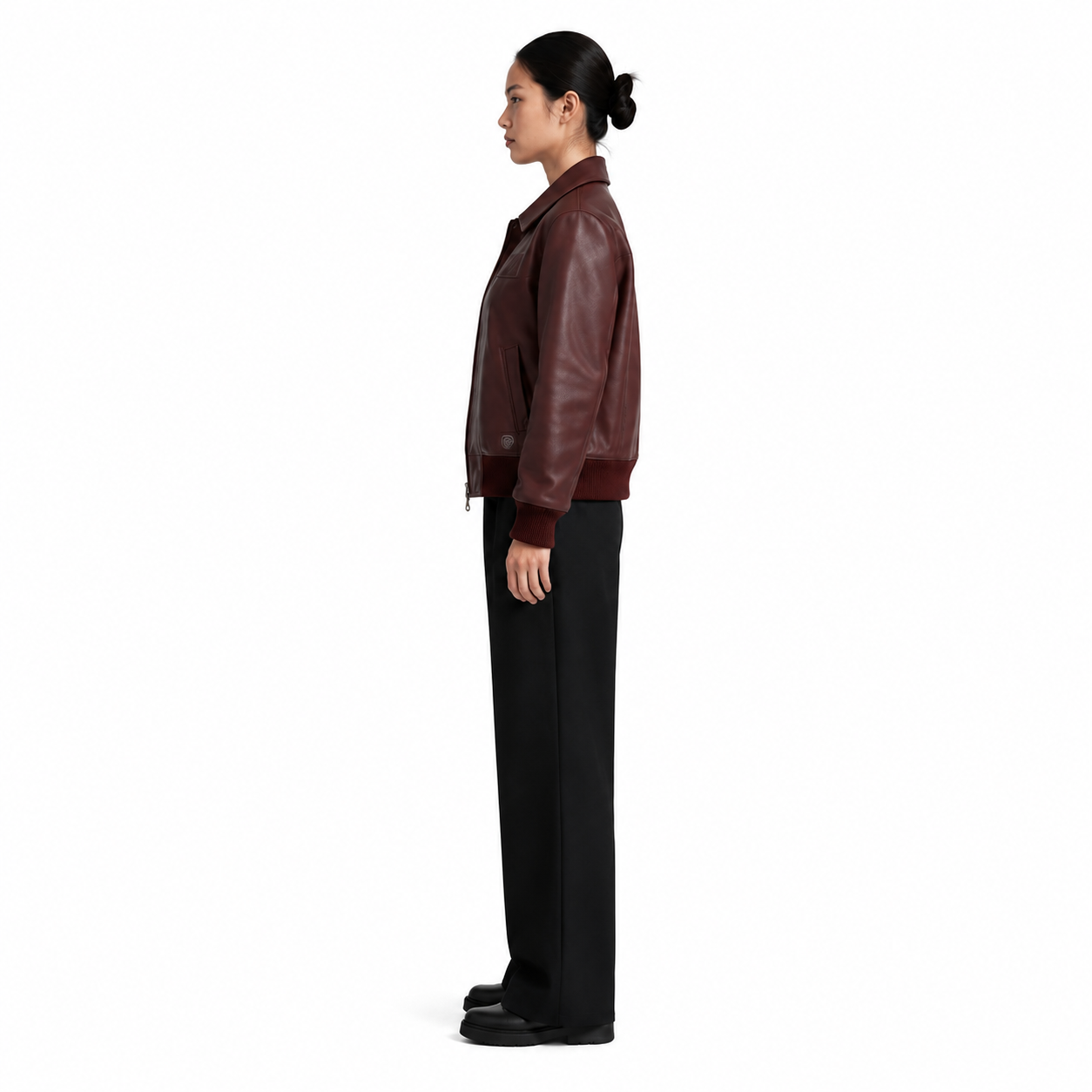Women's Burgundy Sheep Nappa Leather Bomber Jacket manufacturing detail 3