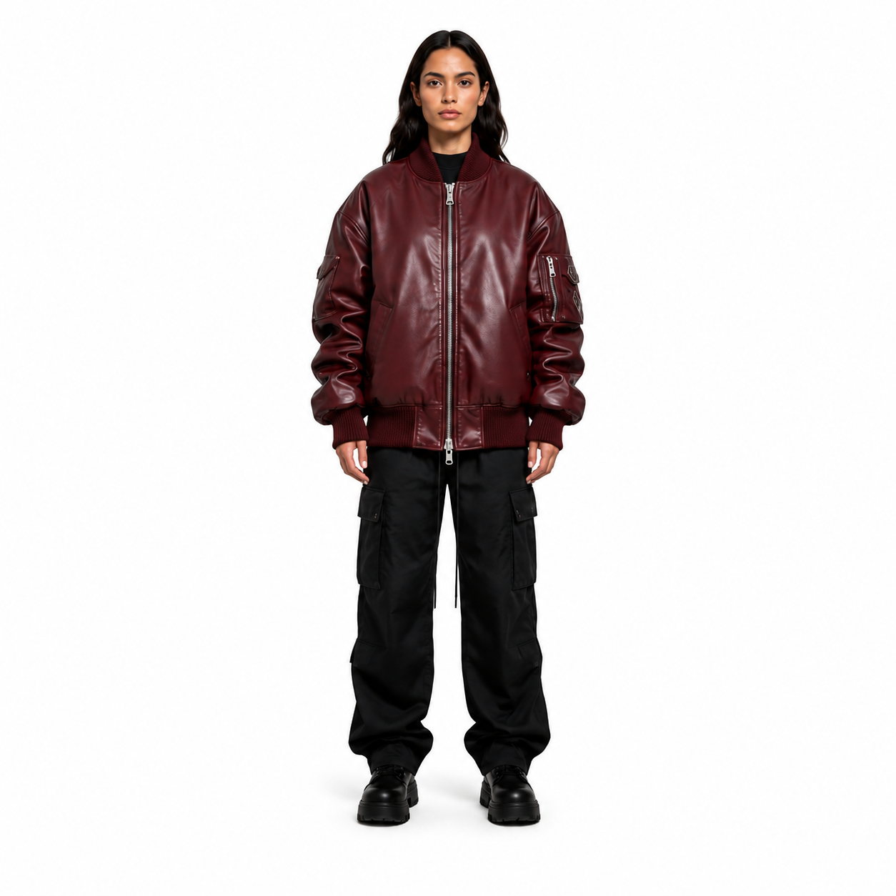 Women's Burgundy Sheep Nappa MA-1 Leather Bomber Jacket - Custom Leather Manufacturer Sialkot Pakistan