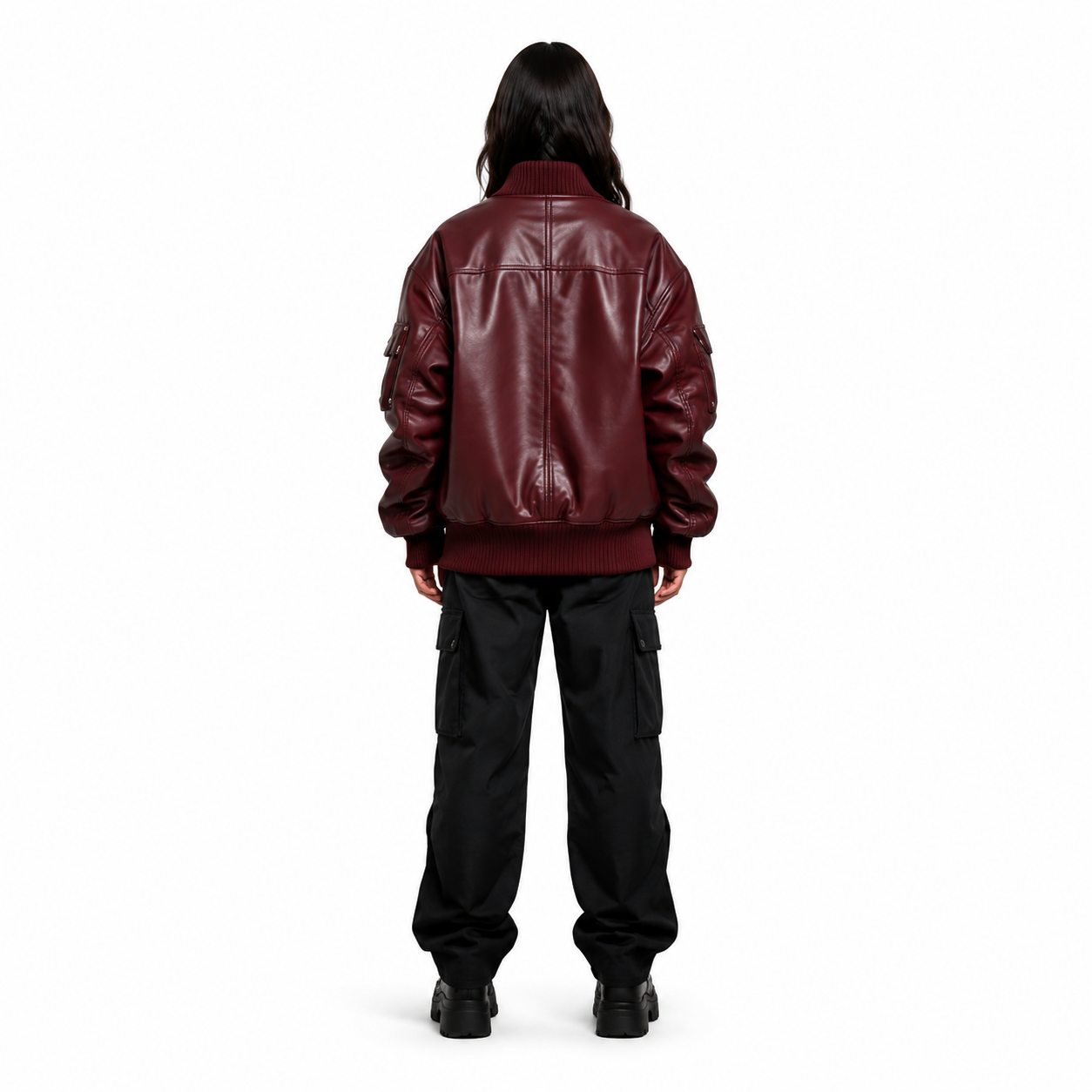 Women's Burgundy Sheep Nappa MA-1 Leather Bomber Jacket manufacturing detail 2