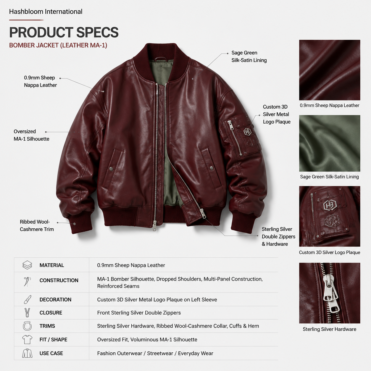 Women's Burgundy Sheep Nappa MA-1 Leather Bomber Jacket manufacturing detail 5