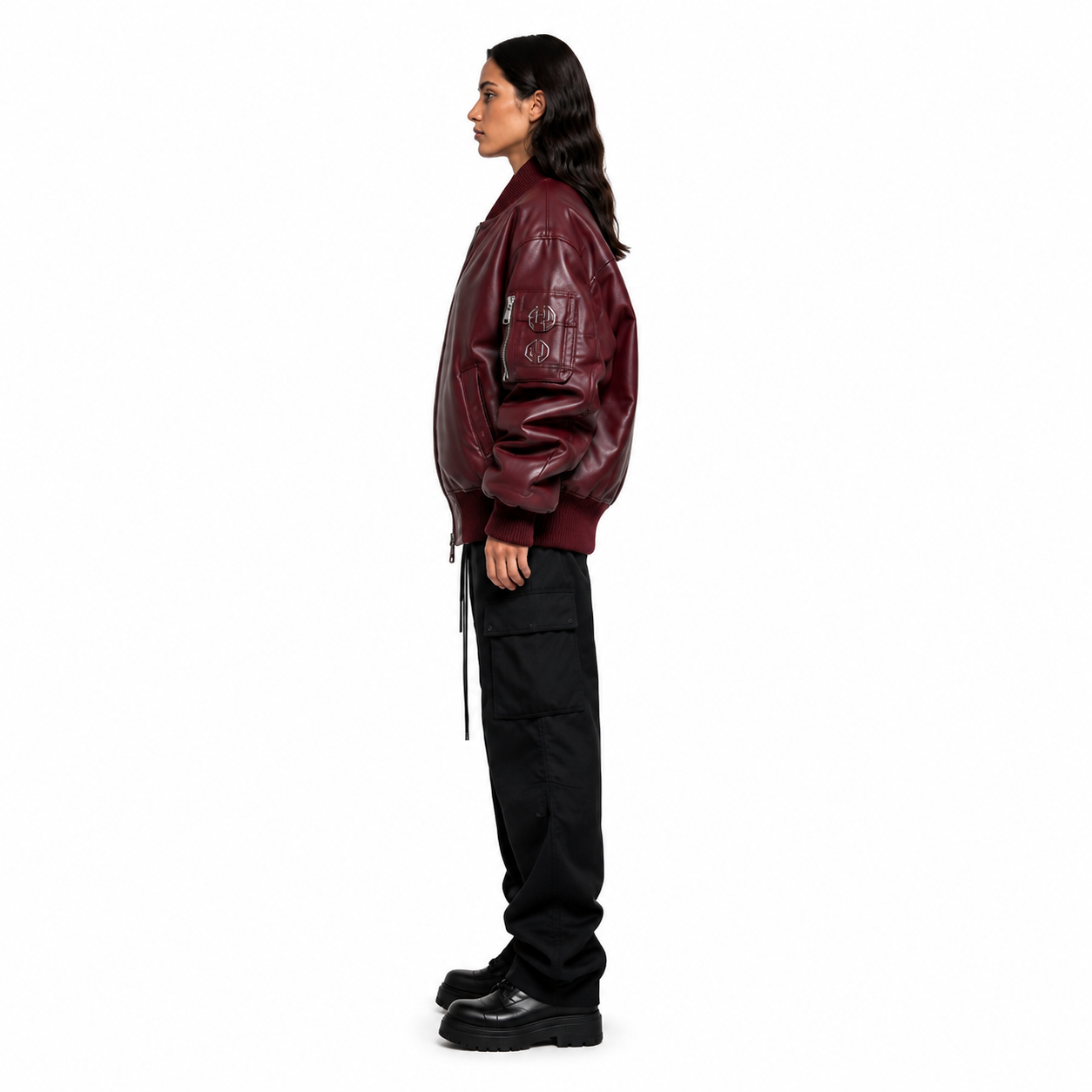 Women's Burgundy Sheep Nappa MA-1 Leather Bomber Jacket manufacturing detail 3