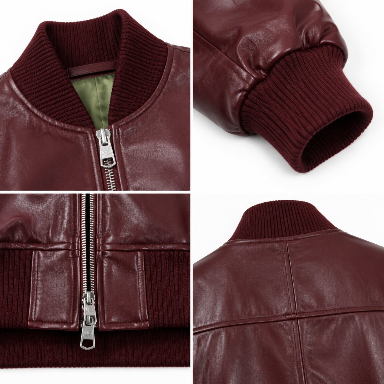 Women's Burgundy Sheep Nappa MA-1 Leather Bomber Jacket manufacturing detail 4