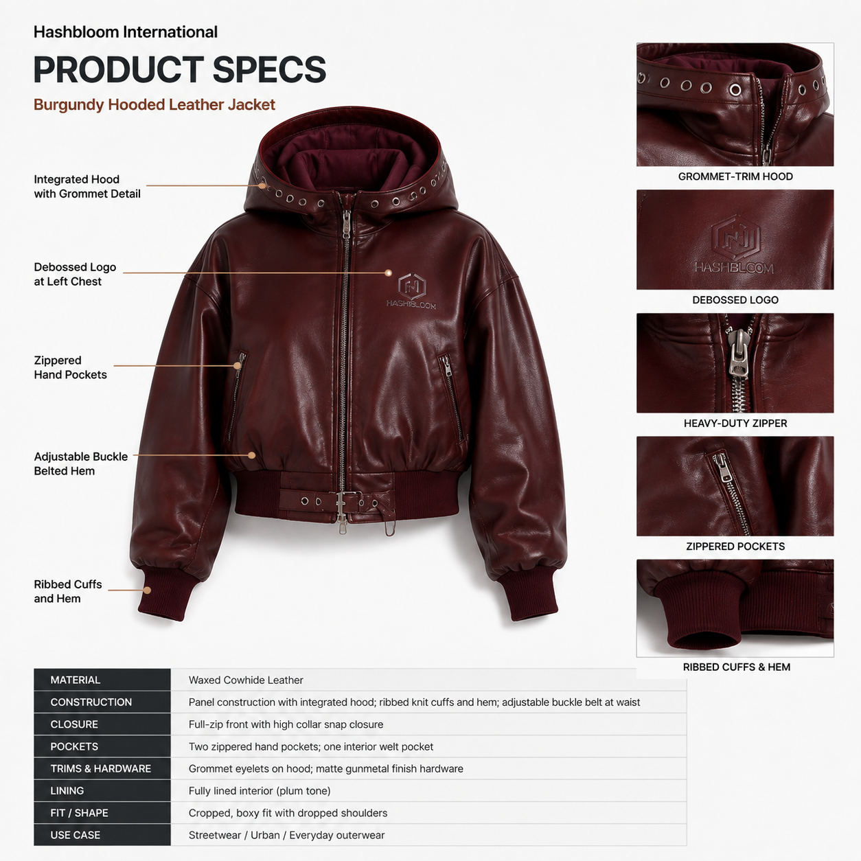 Women's Burgundy Waxed Cowhide Hooded Bomber Jacket manufacturing detail 4
