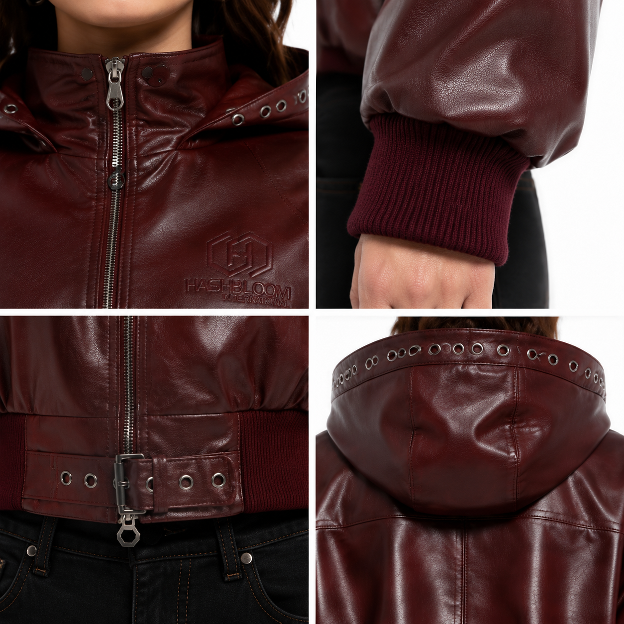 Women's Burgundy Waxed Cowhide Hooded Bomber Jacket manufacturing detail 5