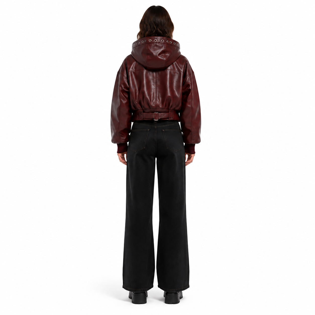 Women's Burgundy Waxed Cowhide Hooded Bomber Jacket manufacturing detail 2