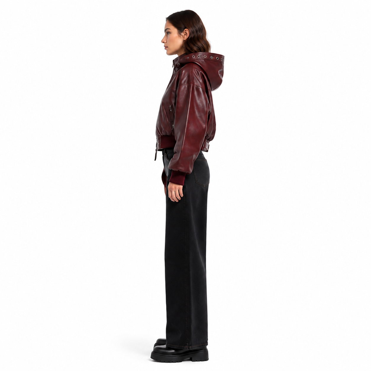 Women's Burgundy Waxed Cowhide Hooded Bomber Jacket manufacturing detail 3