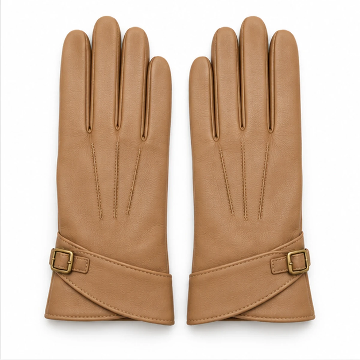 Women's Camel Wrap-Buckle Lambskin Gloves manufacturing detail 2