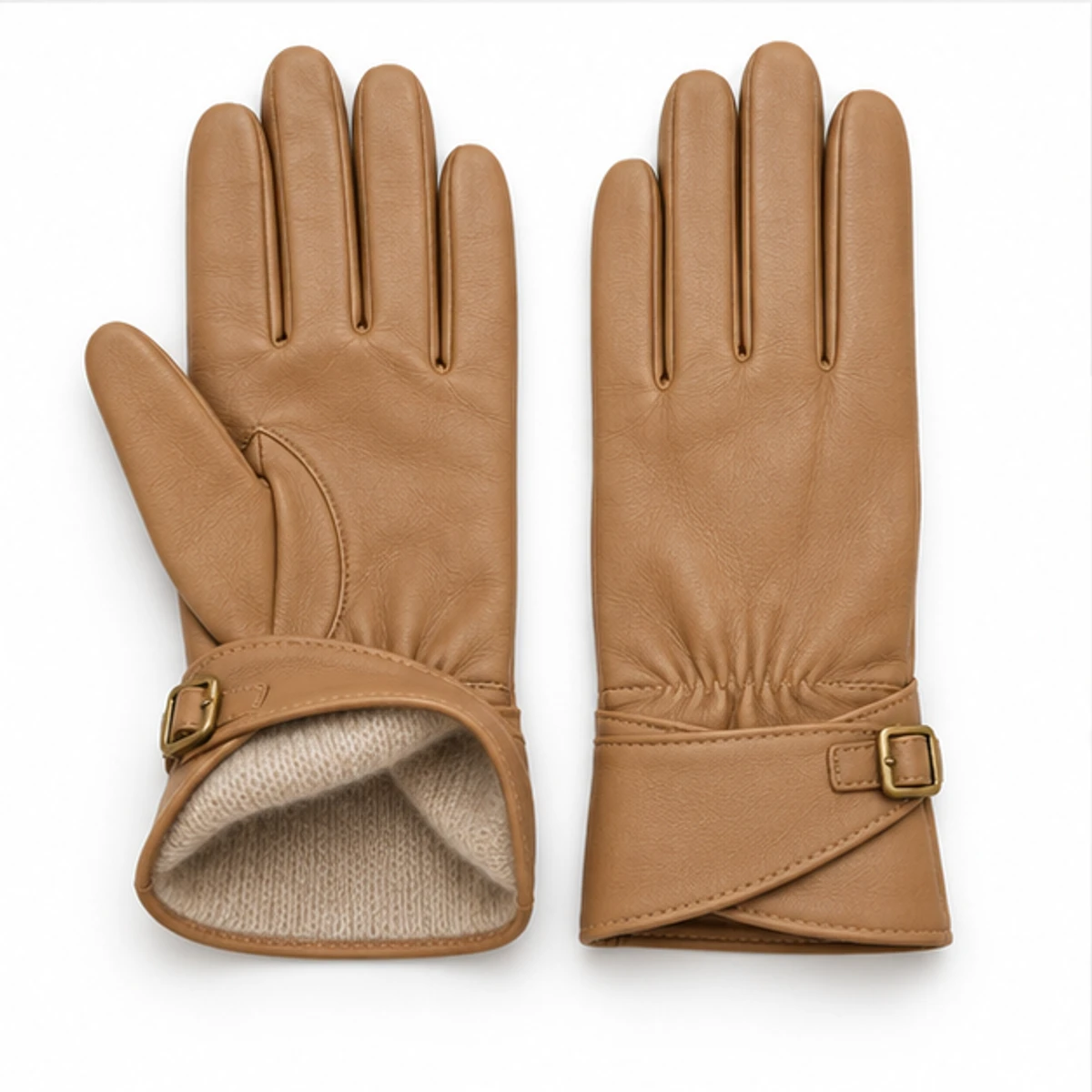Women's Camel Wrap-Buckle Lambskin Gloves manufacturing detail 3