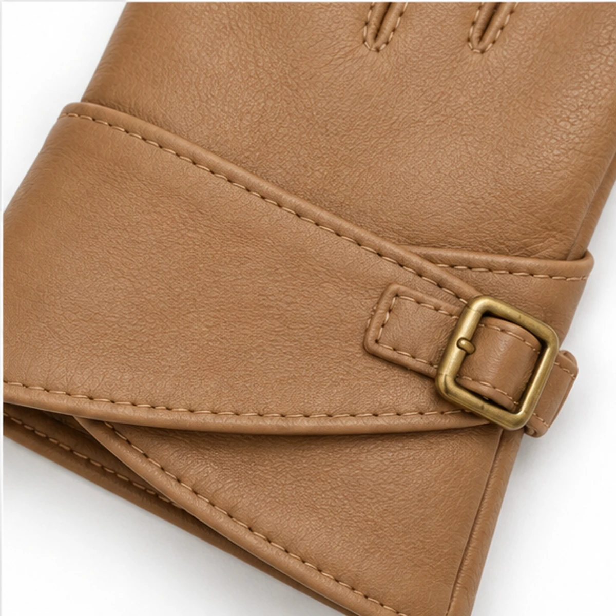 Women's Camel Wrap-Buckle Lambskin Gloves manufacturing detail 4