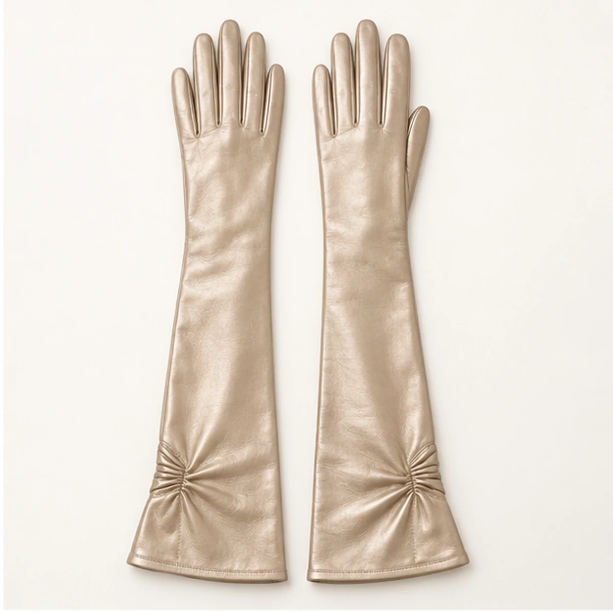 Women's Champagne Metallic Evening Leather Gloves manufacturing detail 2