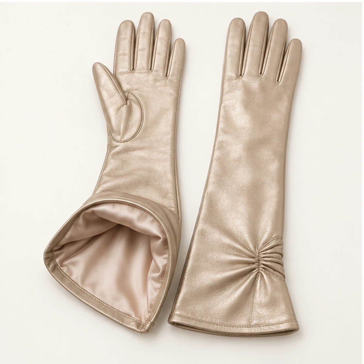 Women's Champagne Metallic Evening Leather Gloves manufacturing detail 3
