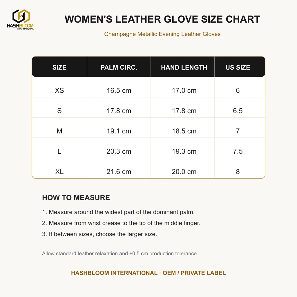 Women's Champagne Metallic Evening Leather Gloves manufacturing detail 5