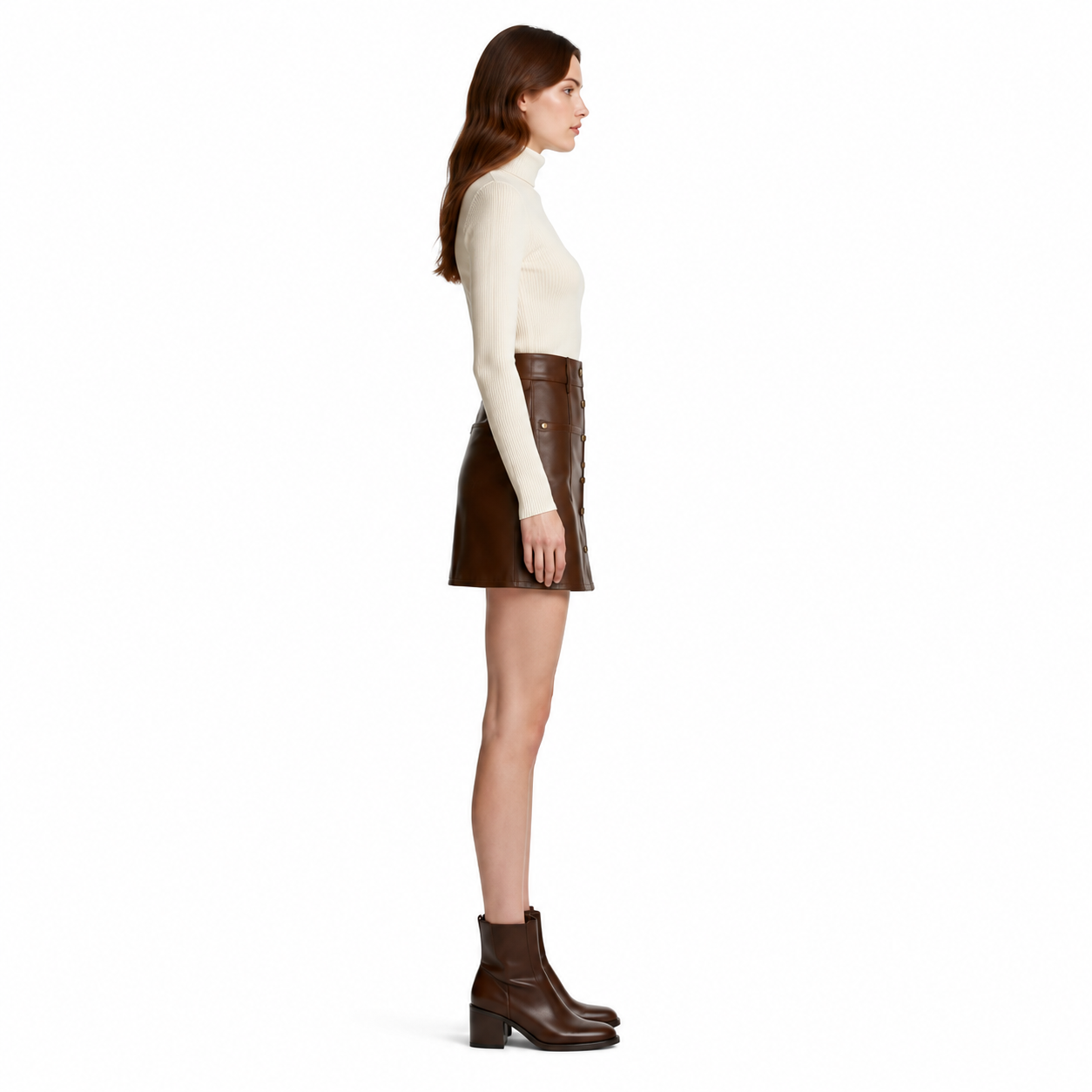 Women's Chestnut Button-Front Lambskin Mini Skirt manufacturing detail 3