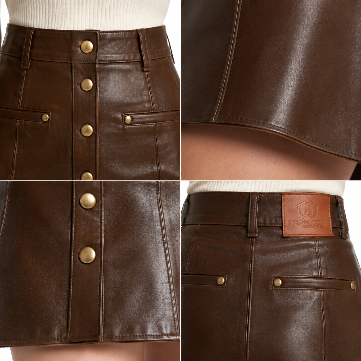 Women's Chestnut Button-Front Lambskin Mini Skirt manufacturing detail 4
