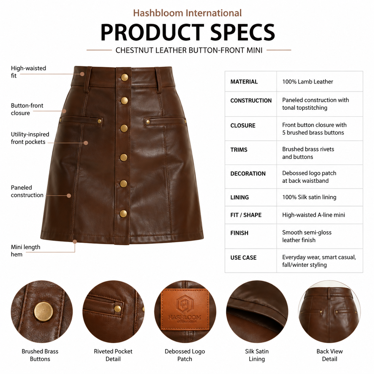 Women's Chestnut Button-Front Lambskin Mini Skirt manufacturing detail 5