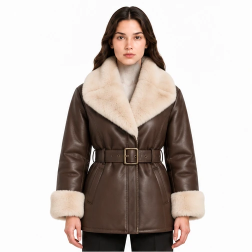 Women's Chocolate Belted Faux-Fur Sheep Leather Jacket - Custom Leather Manufacturer Sialkot Pakistan