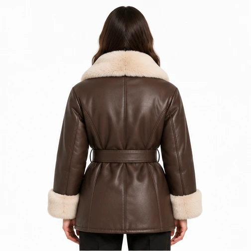 Women's Chocolate Belted Faux-Fur Sheep Leather Jacket manufacturing detail 2