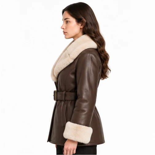Women's Chocolate Belted Faux-Fur Sheep Leather Jacket manufacturing detail 3