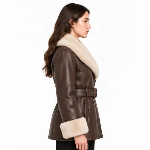 Women's Chocolate Belted Faux-Fur Sheep Leather Jacket manufacturing detail 4