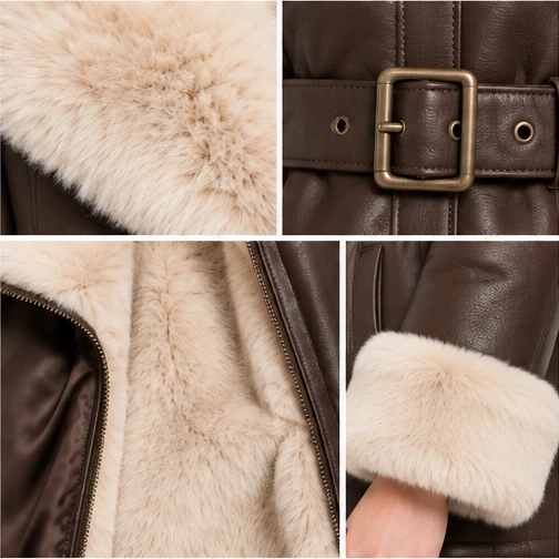 Women's Chocolate Belted Faux-Fur Sheep Leather Jacket manufacturing detail 5