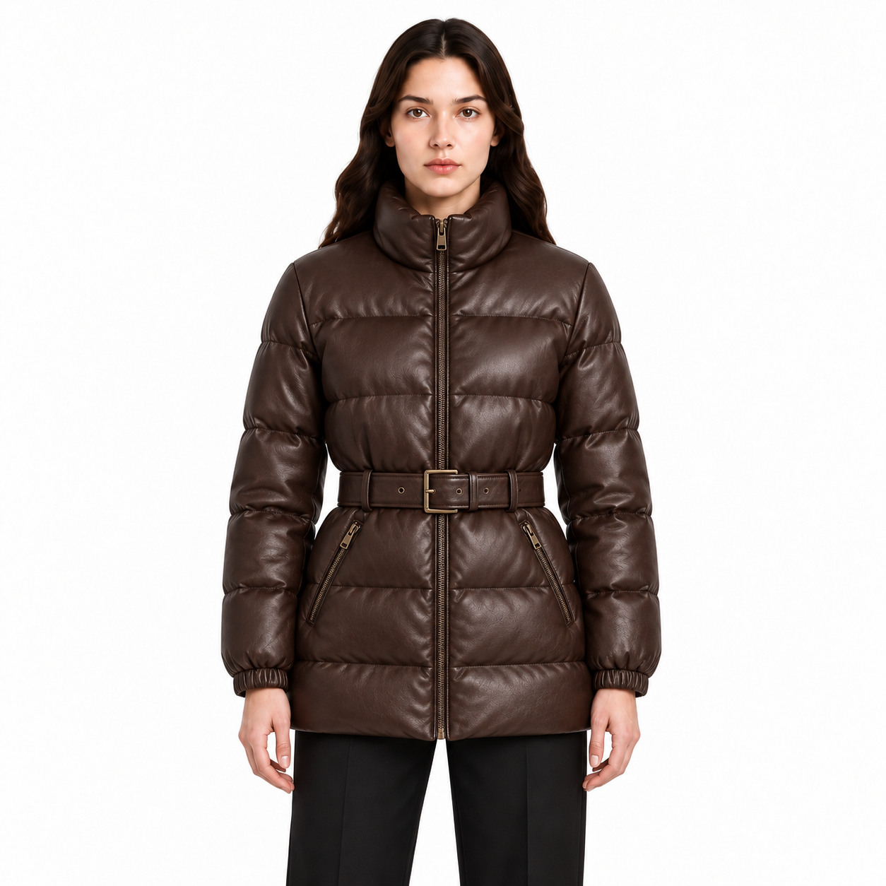 Women's Chocolate Belted Sheep Leather Puffer Jacket