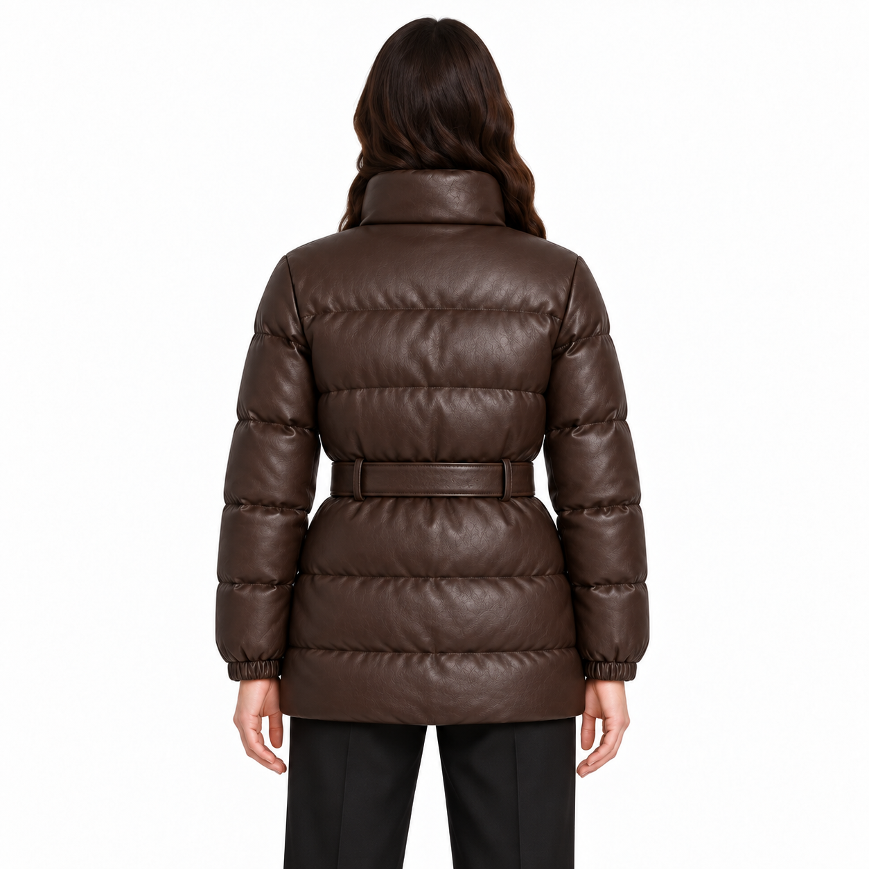 Women's Chocolate Belted Sheep Leather Puffer Jacket manufacturing detail 2