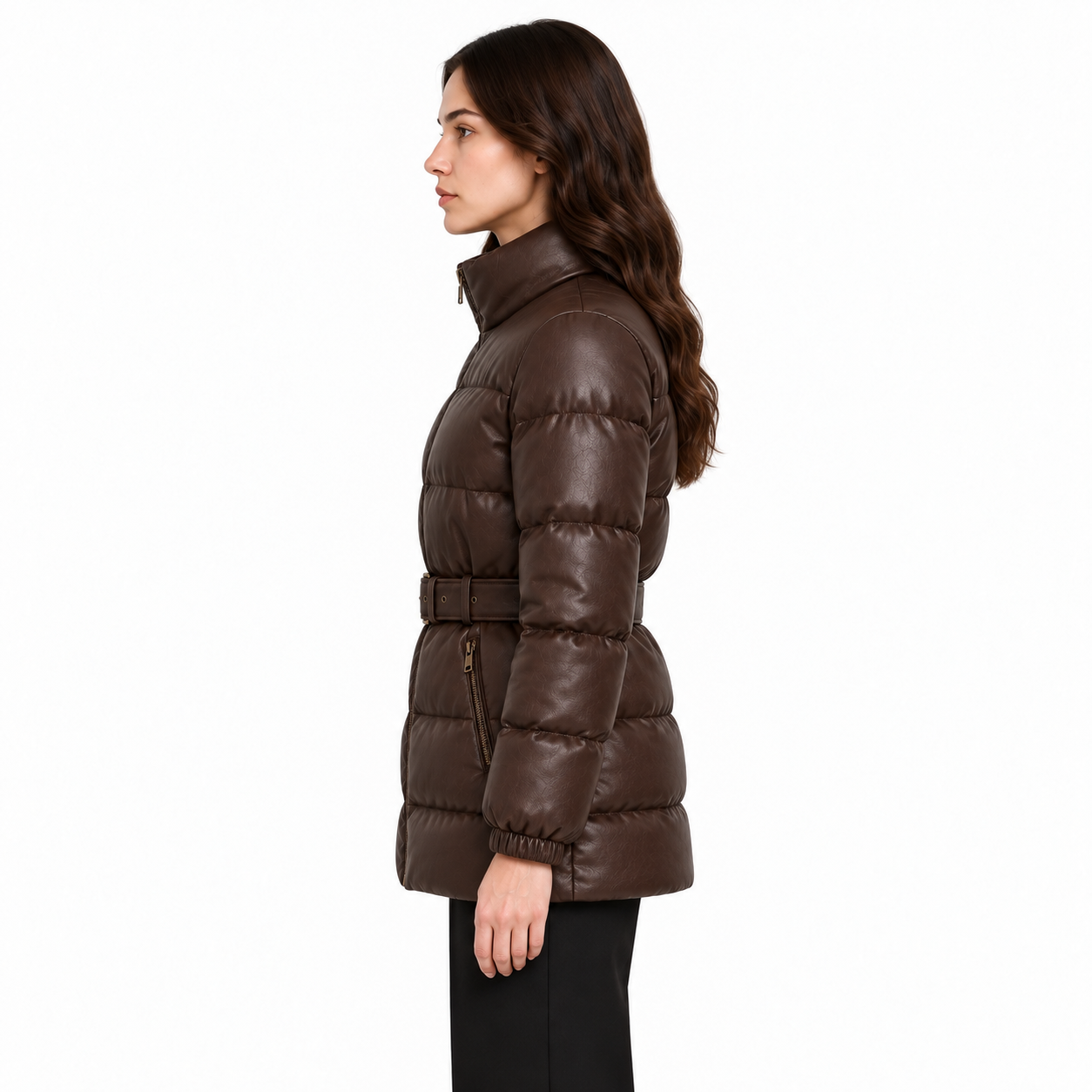Women's Chocolate Belted Sheep Leather Puffer Jacket manufacturing detail 3