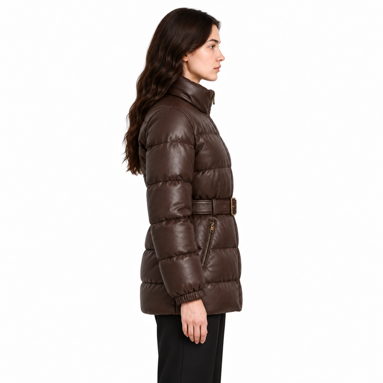 Women's Chocolate Belted Sheep Leather Puffer Jacket manufacturing detail 4