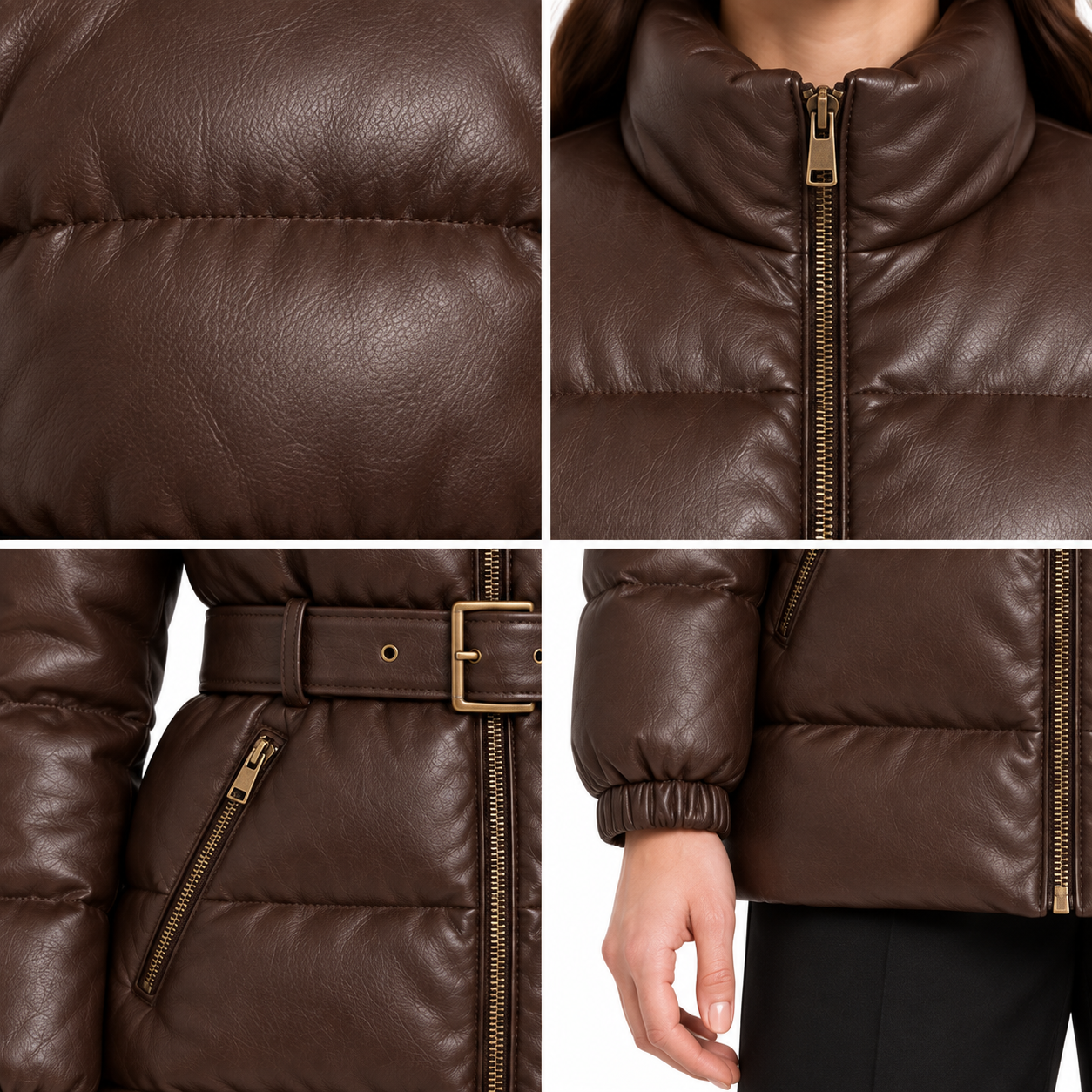 Women's Chocolate Belted Sheep Leather Puffer Jacket manufacturing detail 5