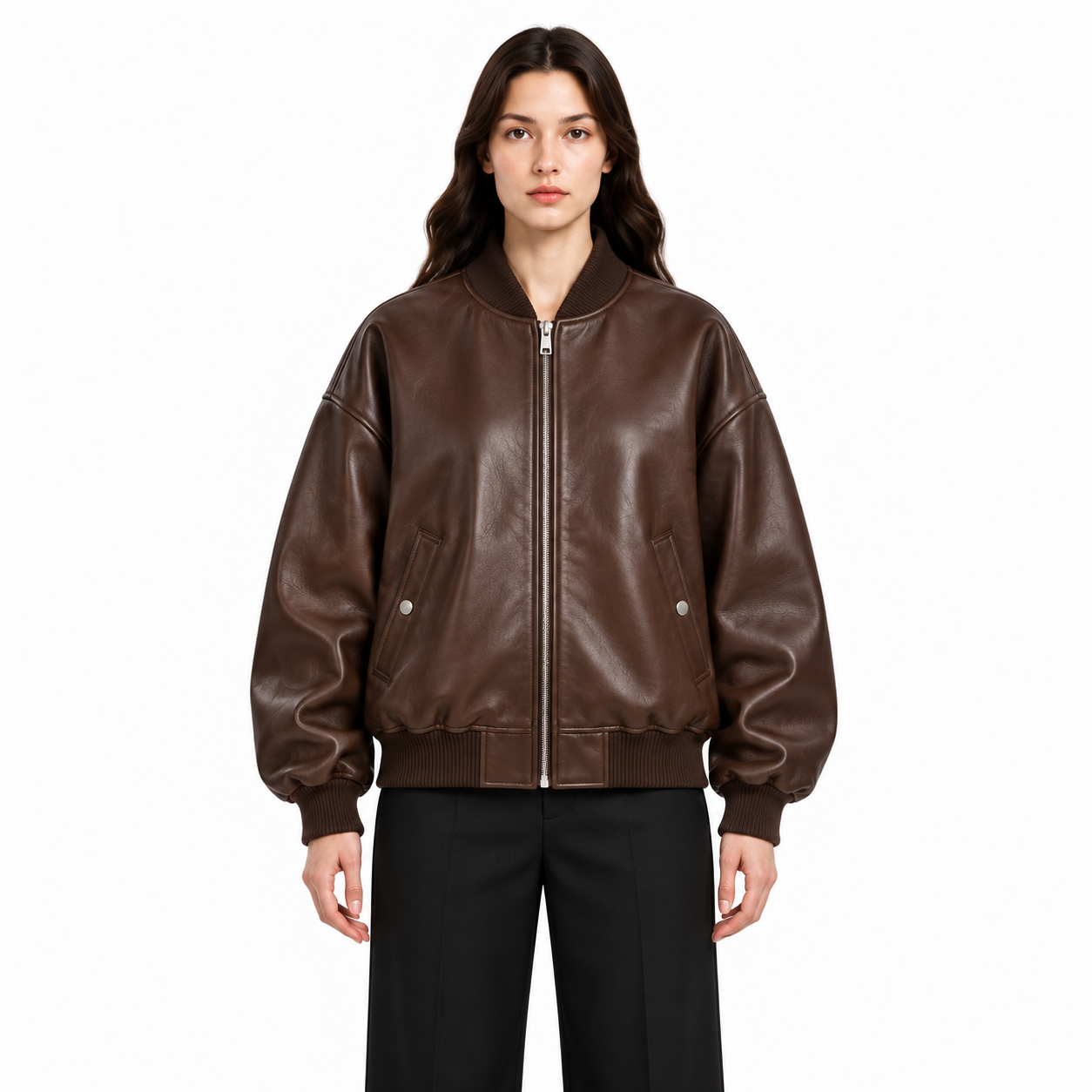 Women's Chocolate Oversized Leather Bomber Jacket - Custom Leather Manufacturer Sialkot Pakistan