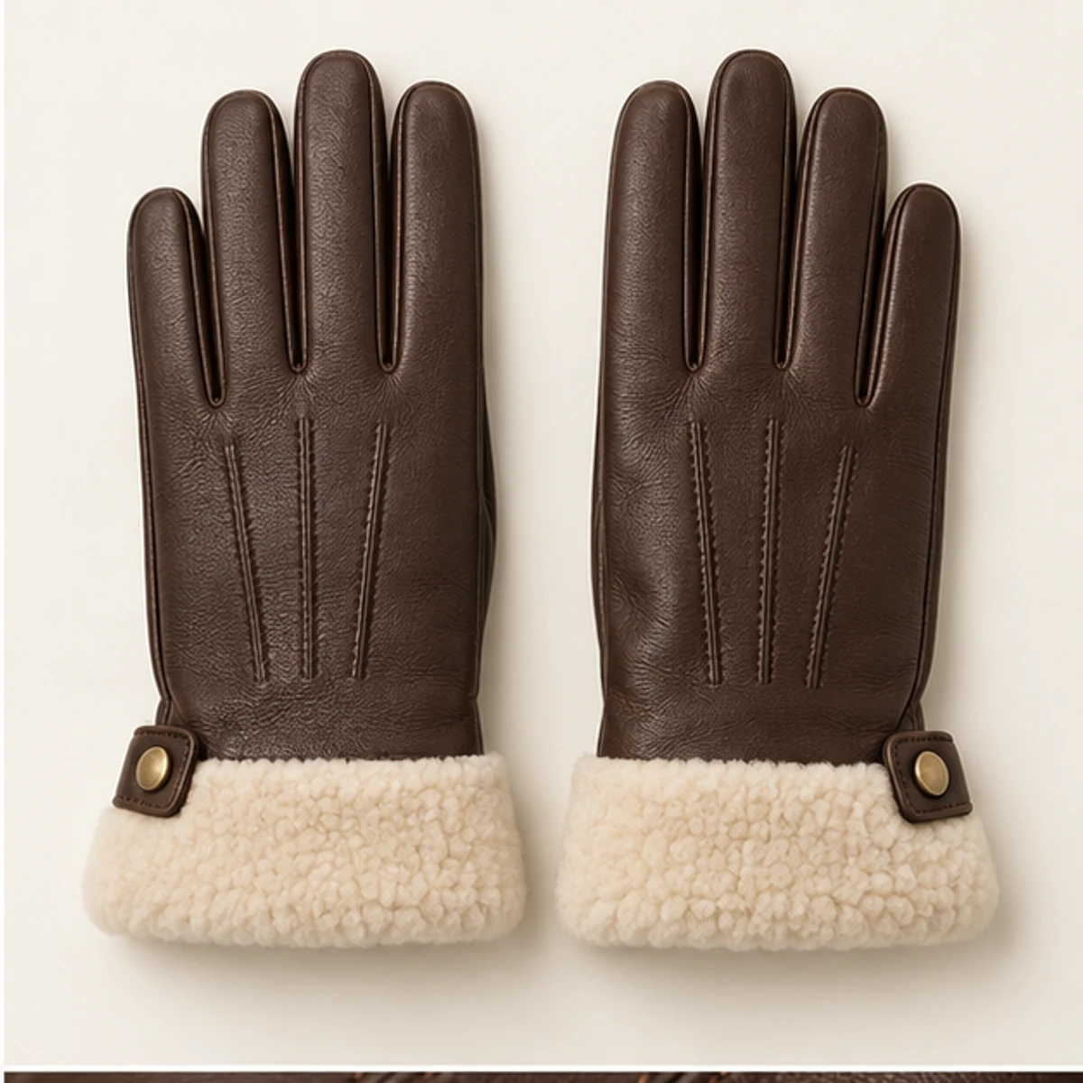 Women's Chocolate Shearling-Cuff Leather Gloves manufacturing detail 2