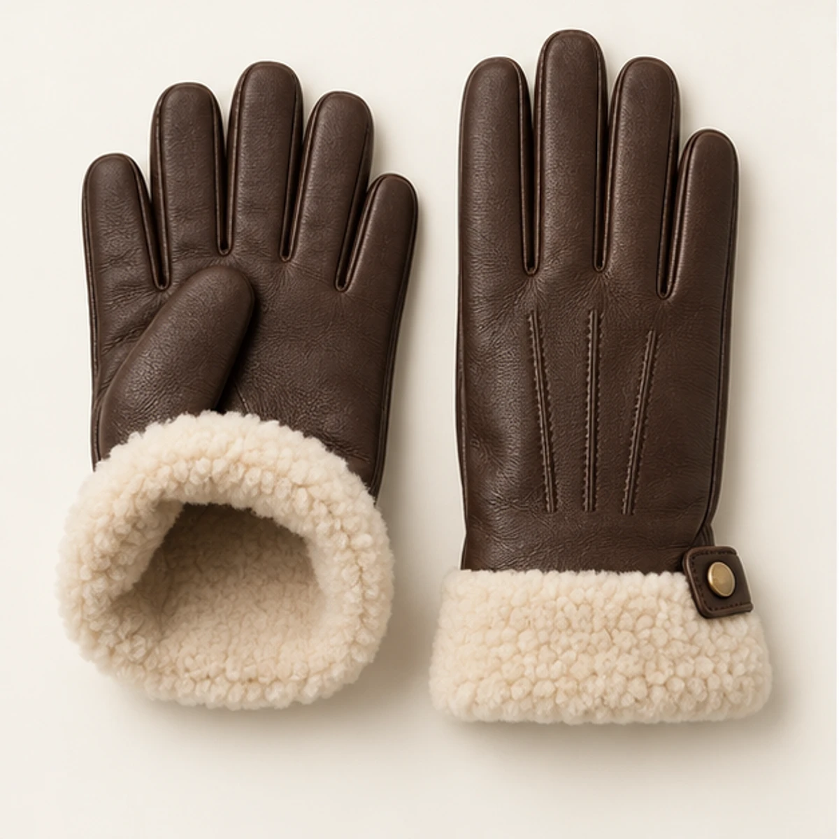 Women's Chocolate Shearling-Cuff Leather Gloves manufacturing detail 3
