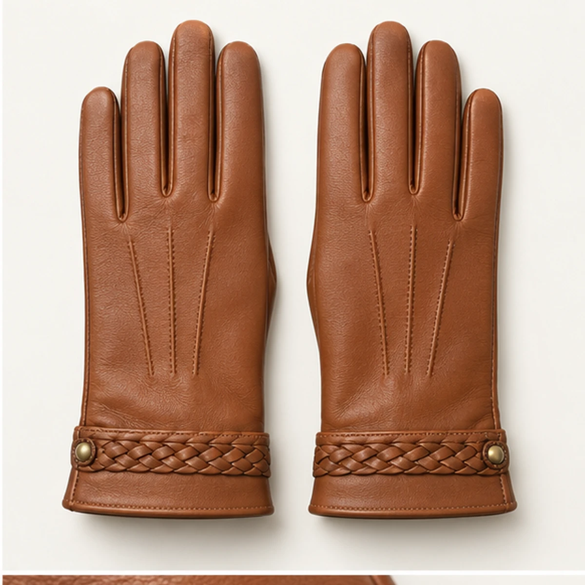 Women's Cognac Braided-Cuff Lambskin Gloves manufacturing detail 2
