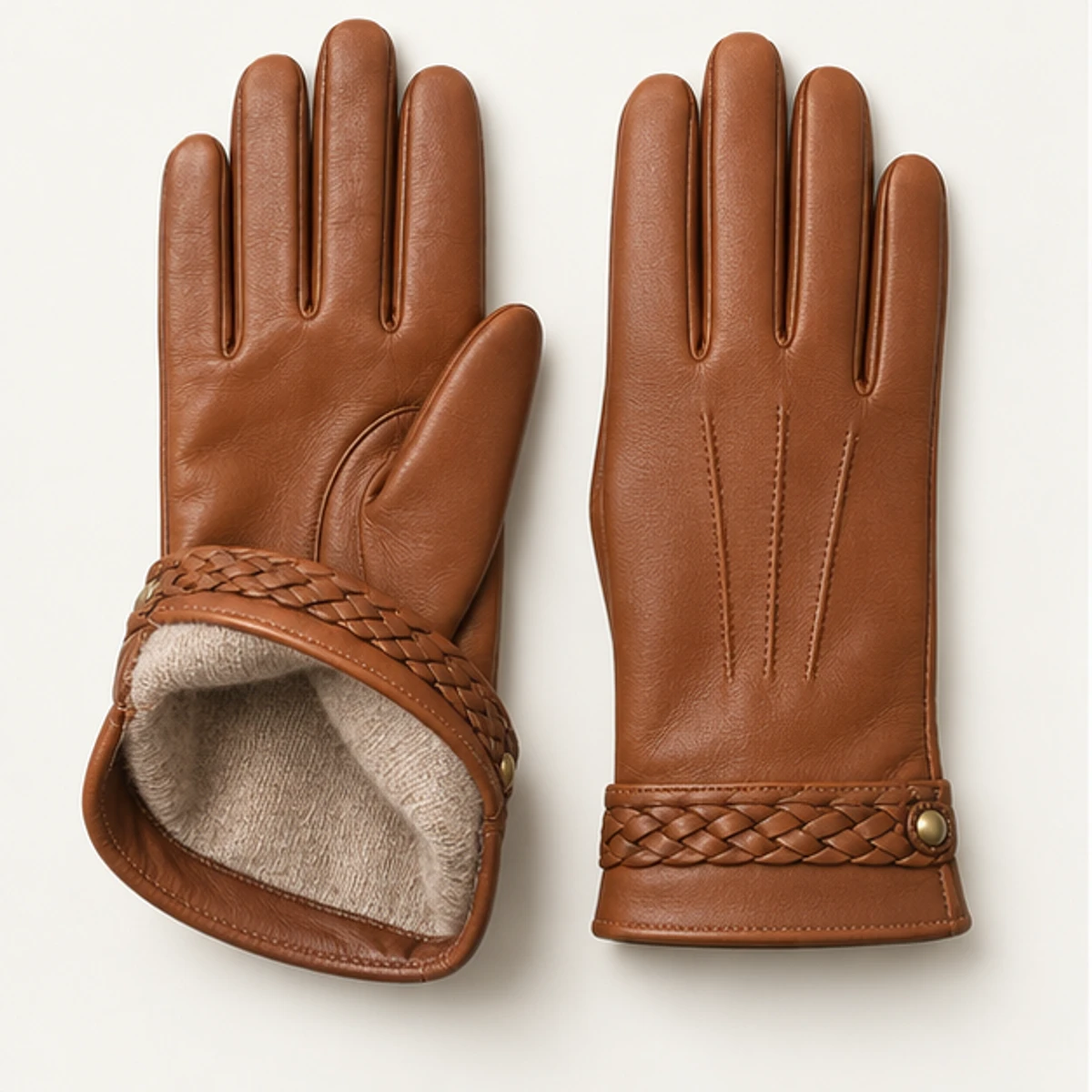 Women's Cognac Braided-Cuff Lambskin Gloves manufacturing detail 3