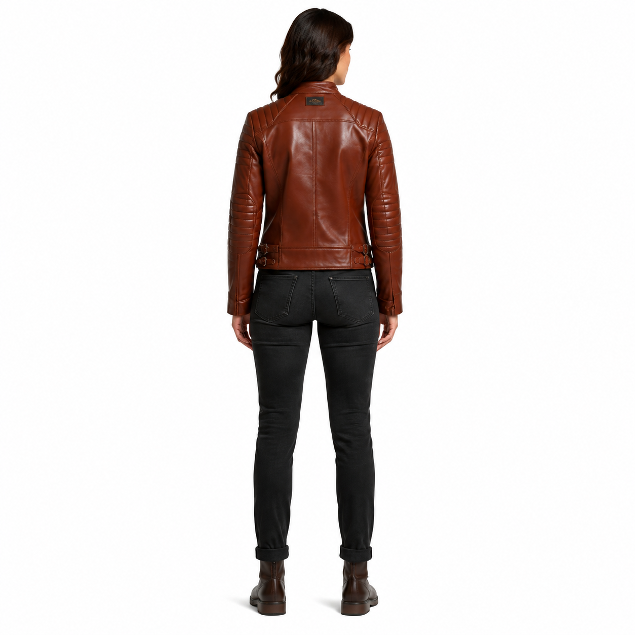 Women's Cognac Horsehide Leather Moto Jacket manufacturing detail 2
