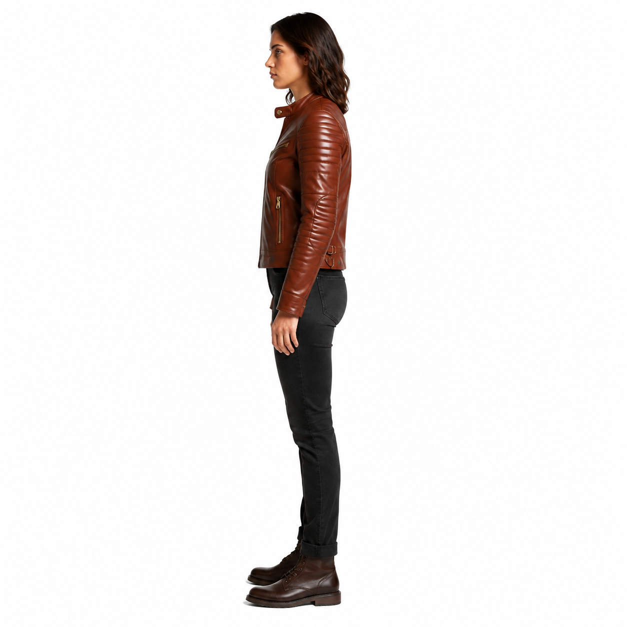 Women's Cognac Horsehide Leather Moto Jacket manufacturing detail 3
