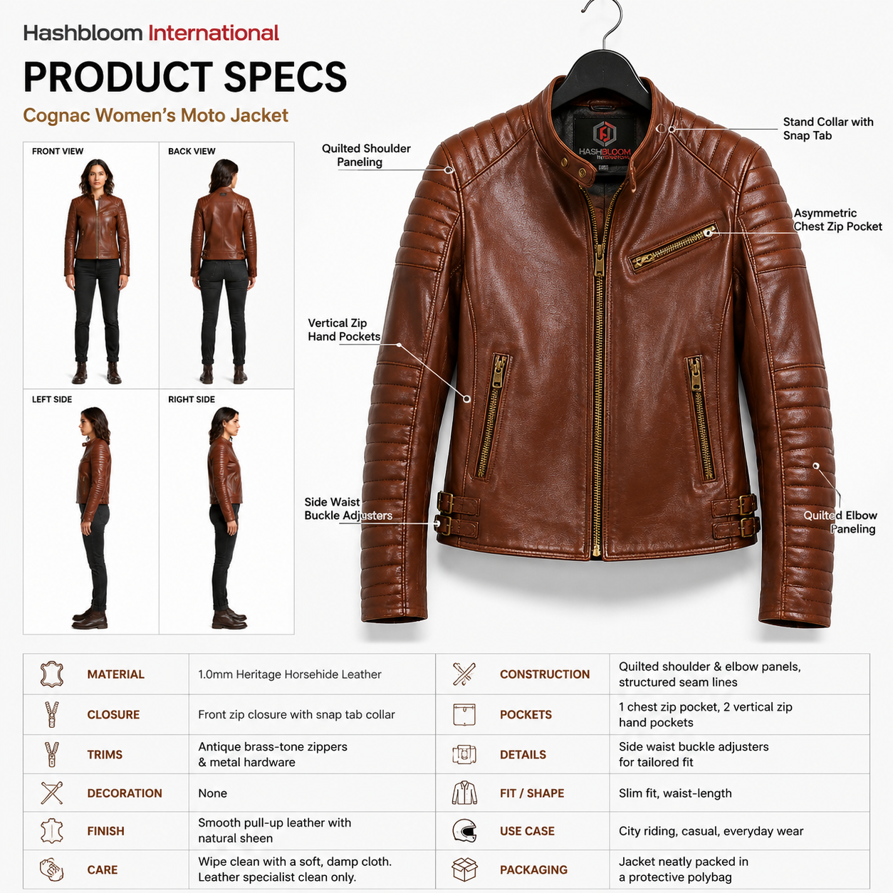 Women's Cognac Horsehide Leather Moto Jacket manufacturing detail 4